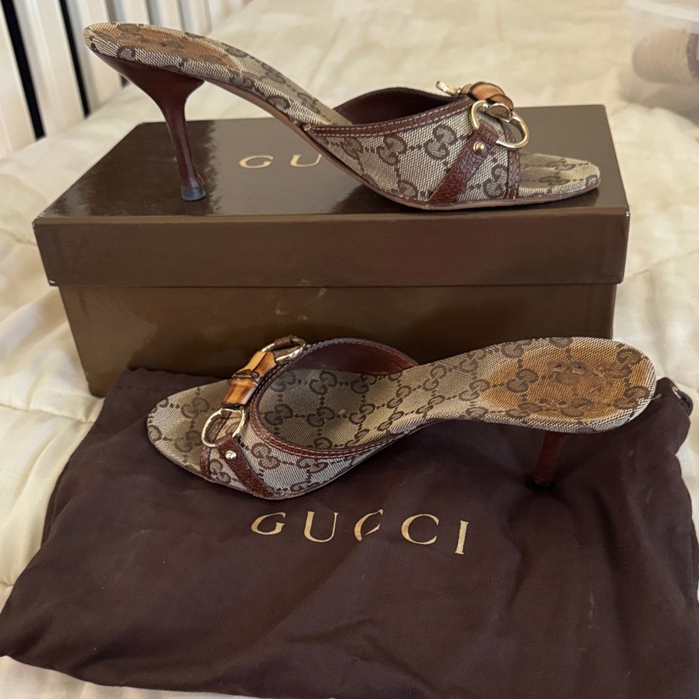 Gucci Monogram Brown Heeled Sandals